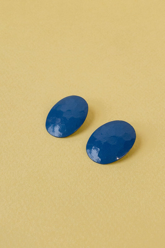 Oval Hammered Blue Enamel Clip On Earrings