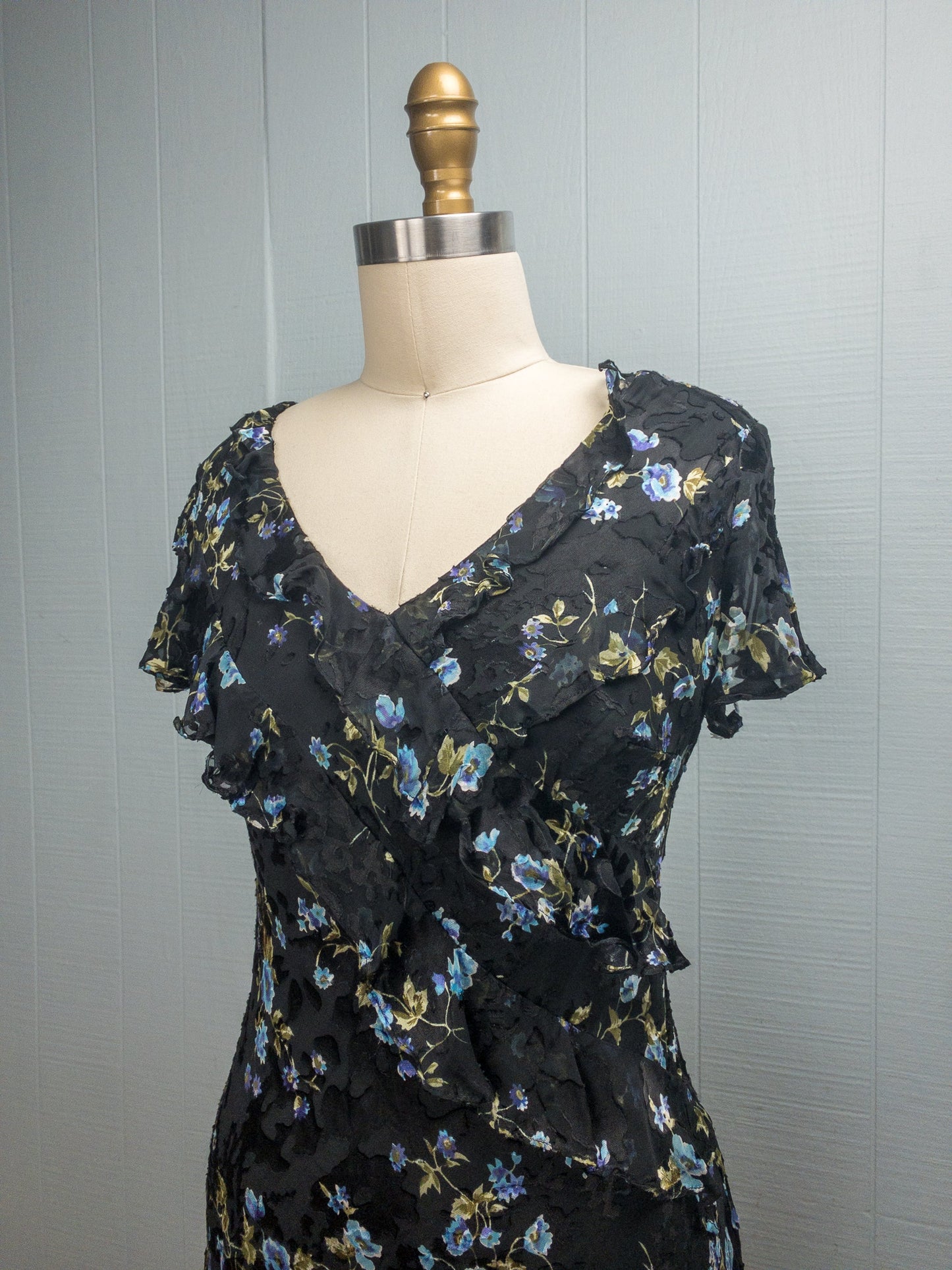 90's Y2K Bias Cut Silk/Rayon Black Floral Dress | S