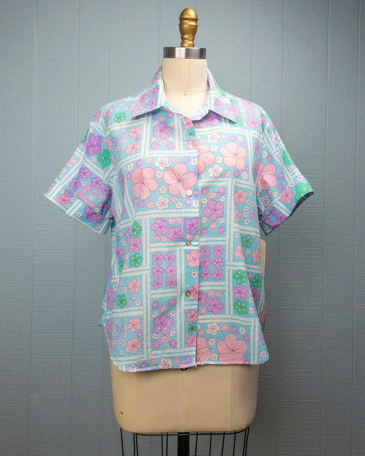 60's Blue Blossom Floral Green Pink Purple