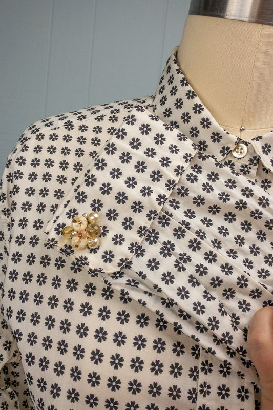 60's Black & White Flower Shirt | M