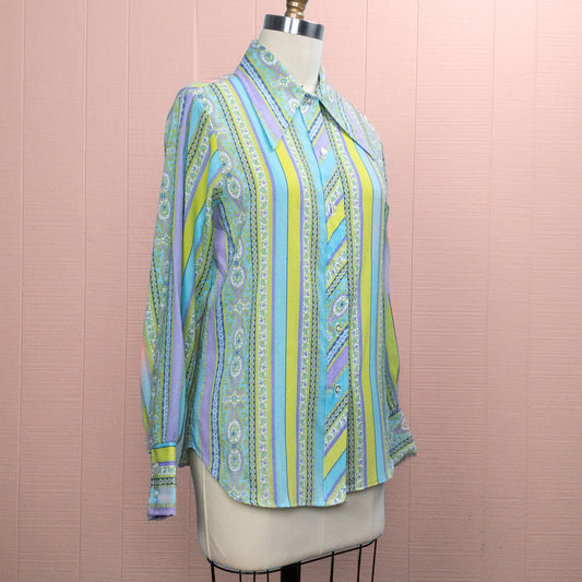 60's 70's Lavender & Green Dagger Collar Blouse