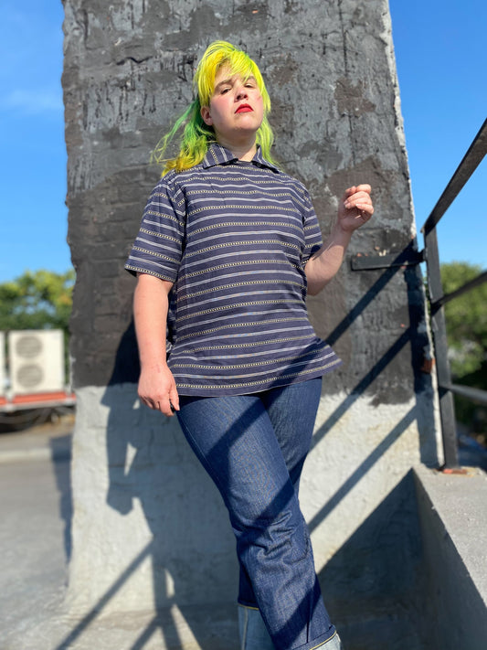 60's Navy Front Flap Stripe Surf Shirt | L/XL