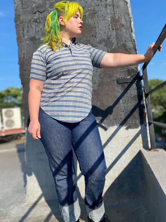 60's Blue Madras Stripe Pullover Henley | M/L