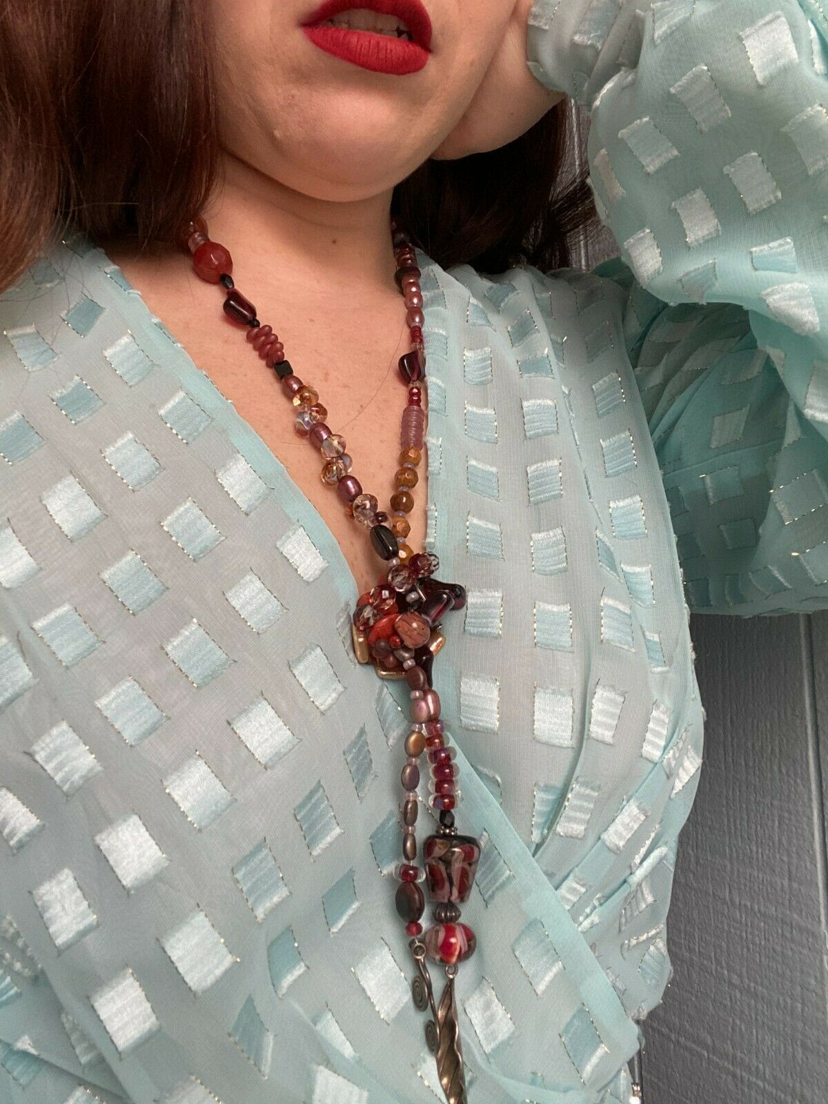 Amber & Pink Glass Pearl Bead Lariat Necklace