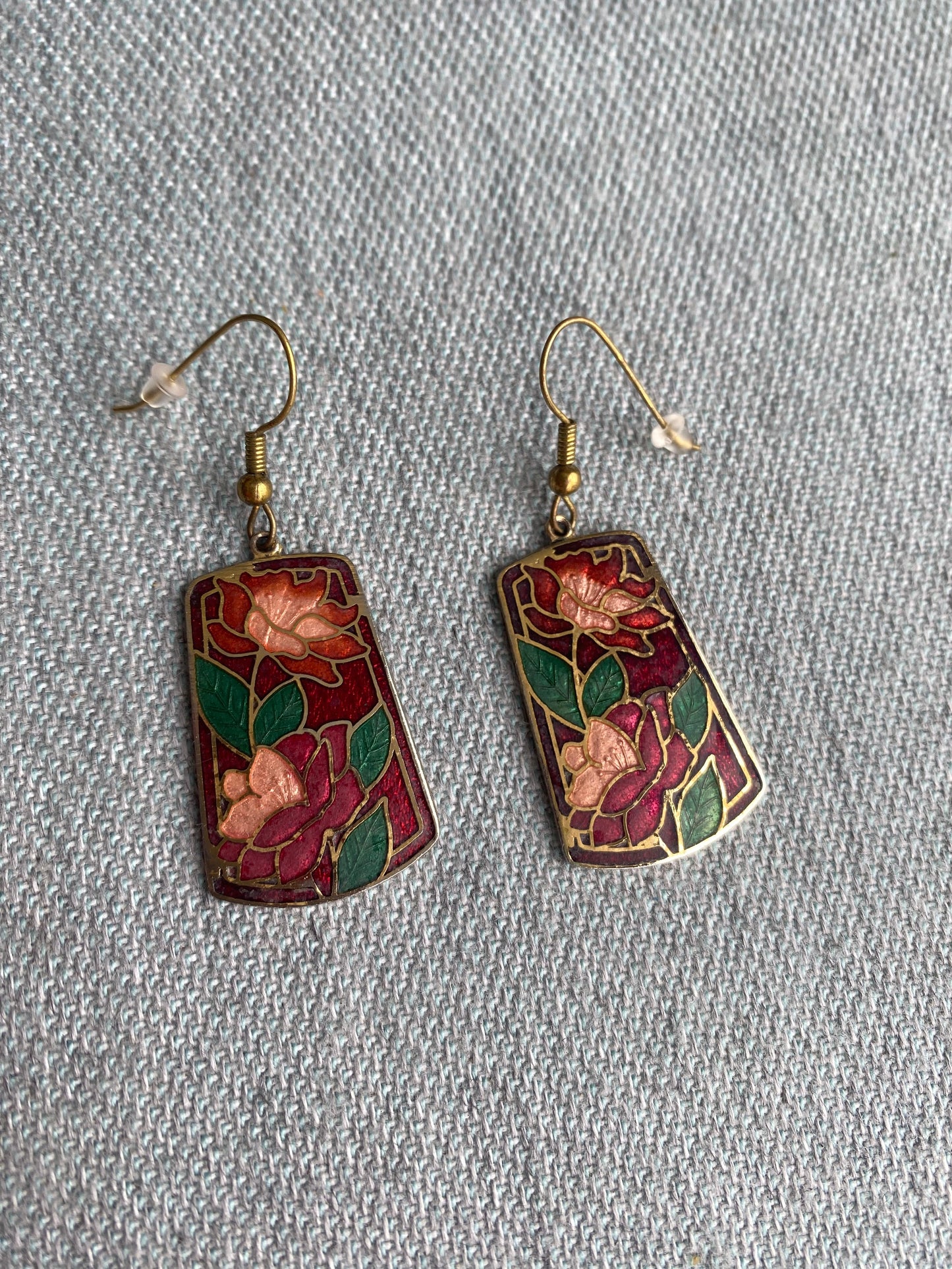 Red & Pink Floral Cloissone Dangle Earrings