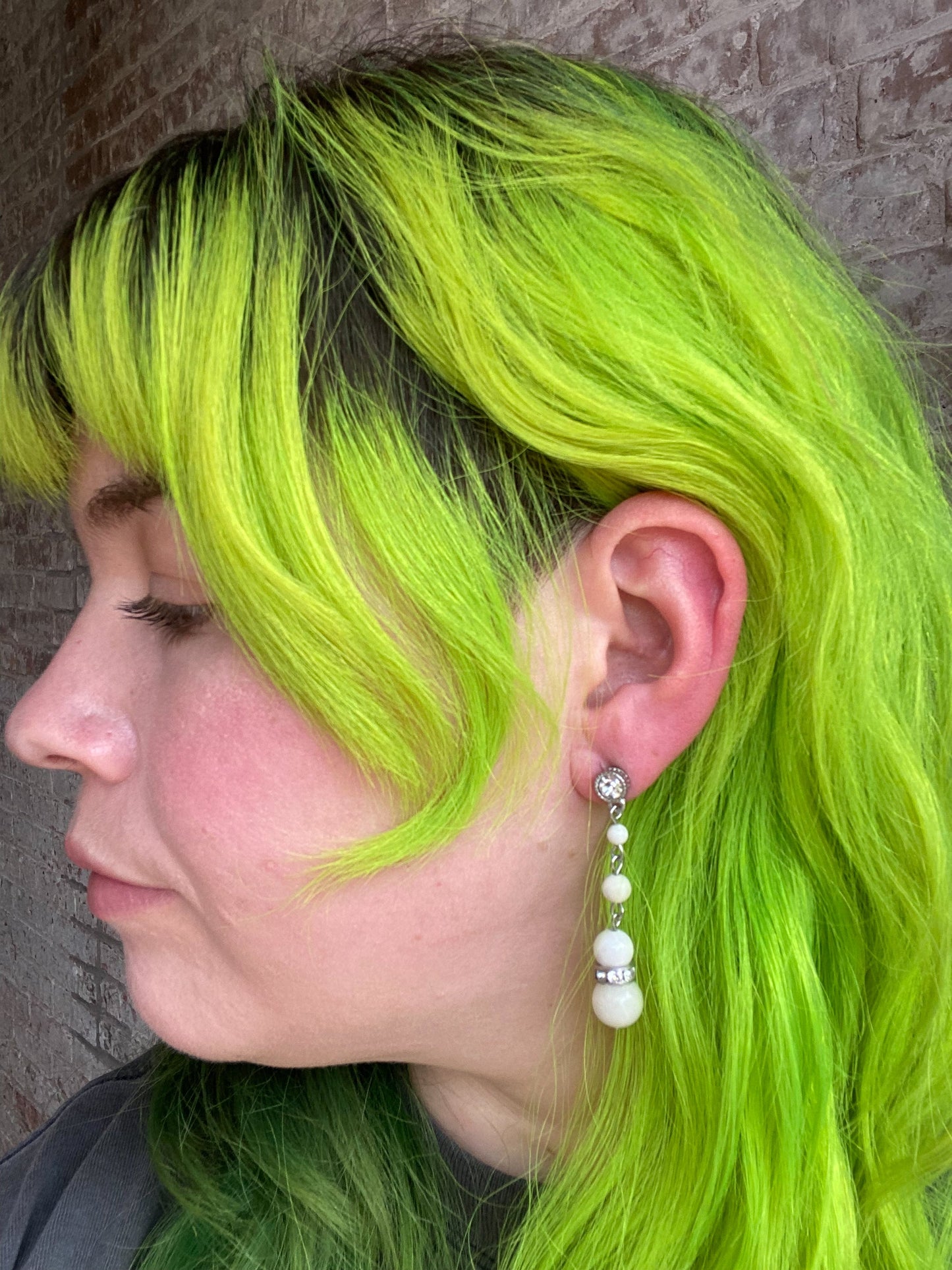 Milk White Glass Bead Dangle Rhinestone Silver Pierced Earrings