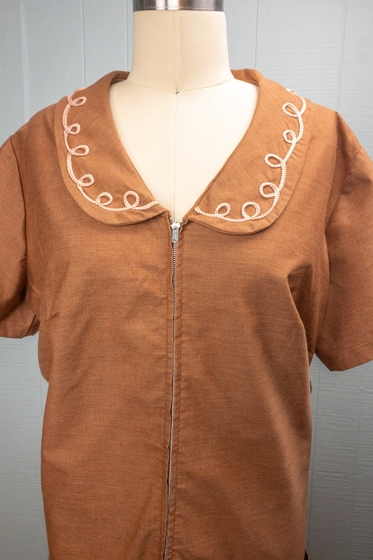 60's Brown Zip Front House Dress | XXL
