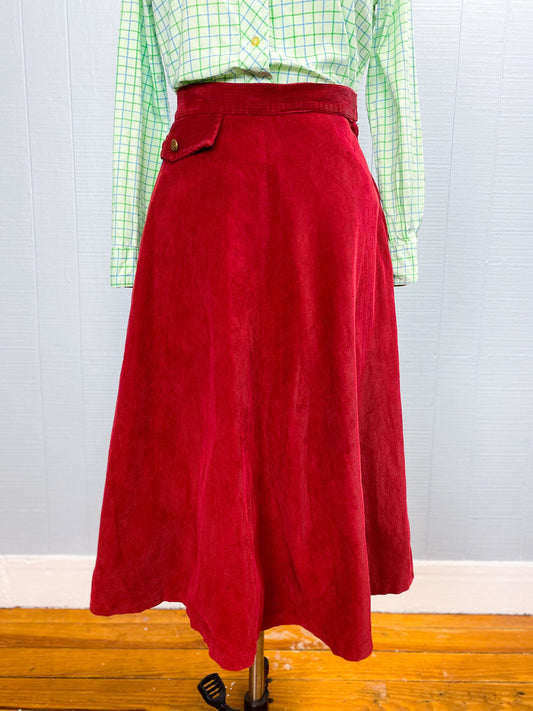 40's 50's Red Corduroy A-line Skirt | W: 24" | Knee Length "Koret of California"
