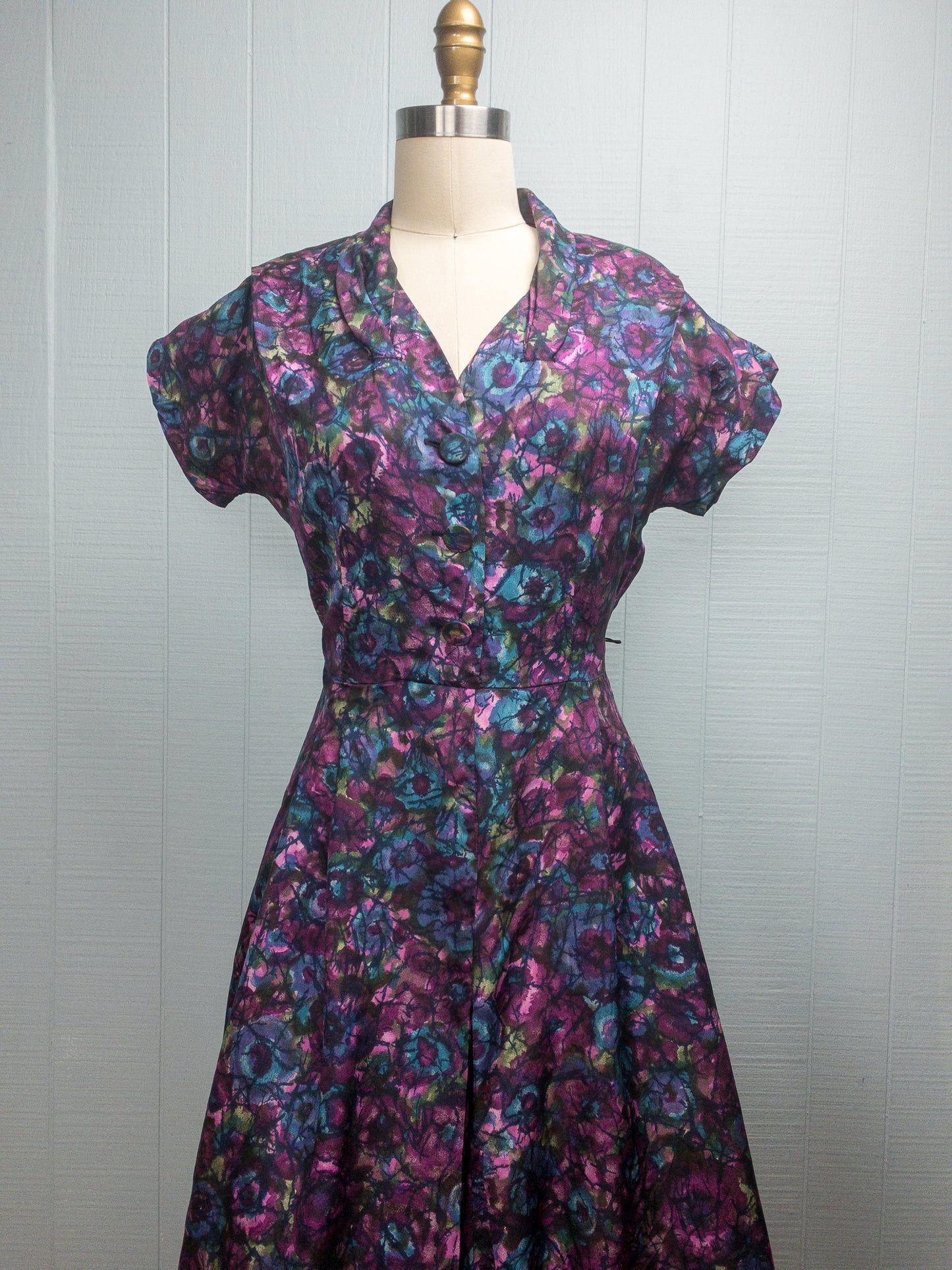 50's Purple Abstract Floral Dress | M/L