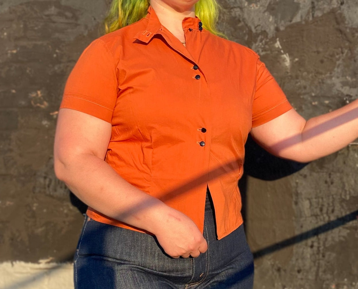 40s 50s Clay Orange Stand Collar Blouse | M