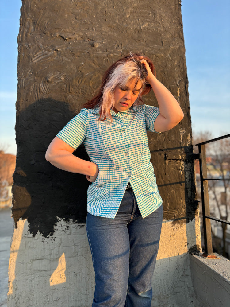 70's Blue & White Windowpane Check Dagger Collar Button Up