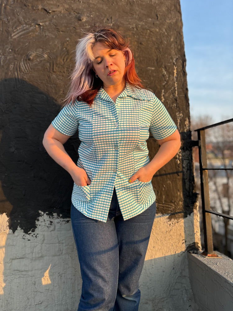 70's Blue & White Windowpane Check Dagger Collar Button Up