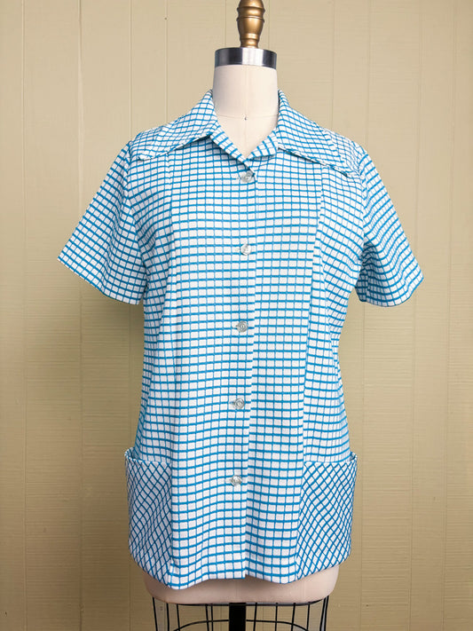 70's Blue & White Windowpane Check Dagger Collar Button Up
