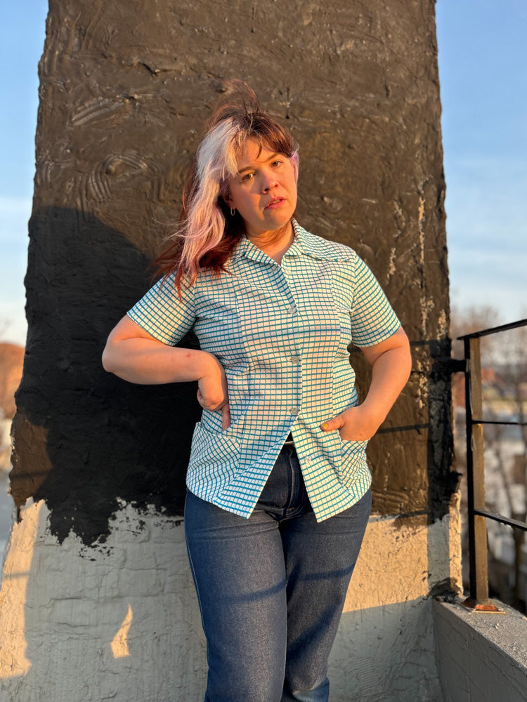 70's Blue & White Windowpane Check Dagger Collar Button Up
