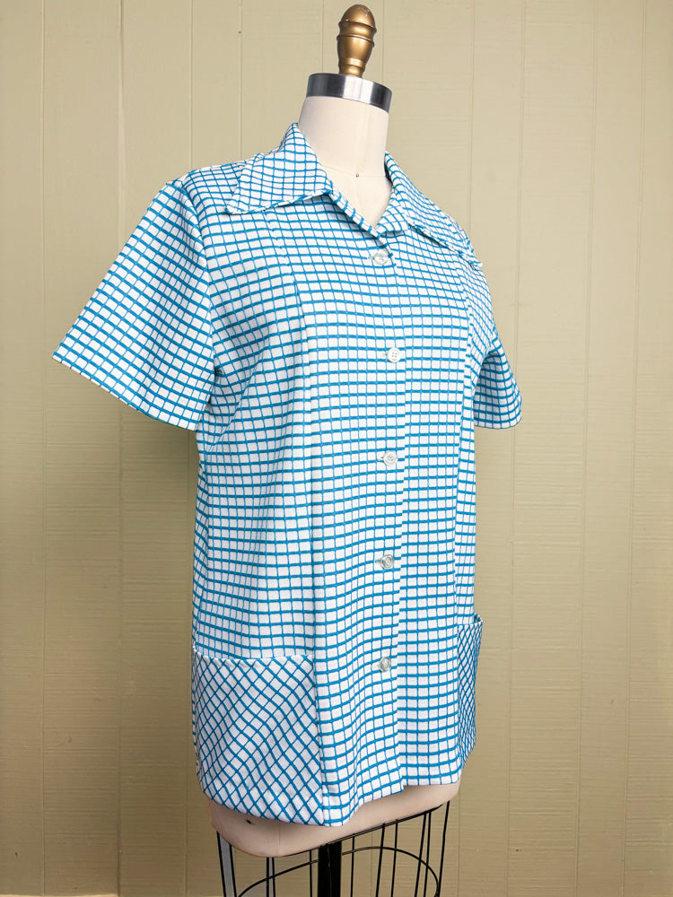 70's Blue & White Windowpane Check Dagger Collar Button Up