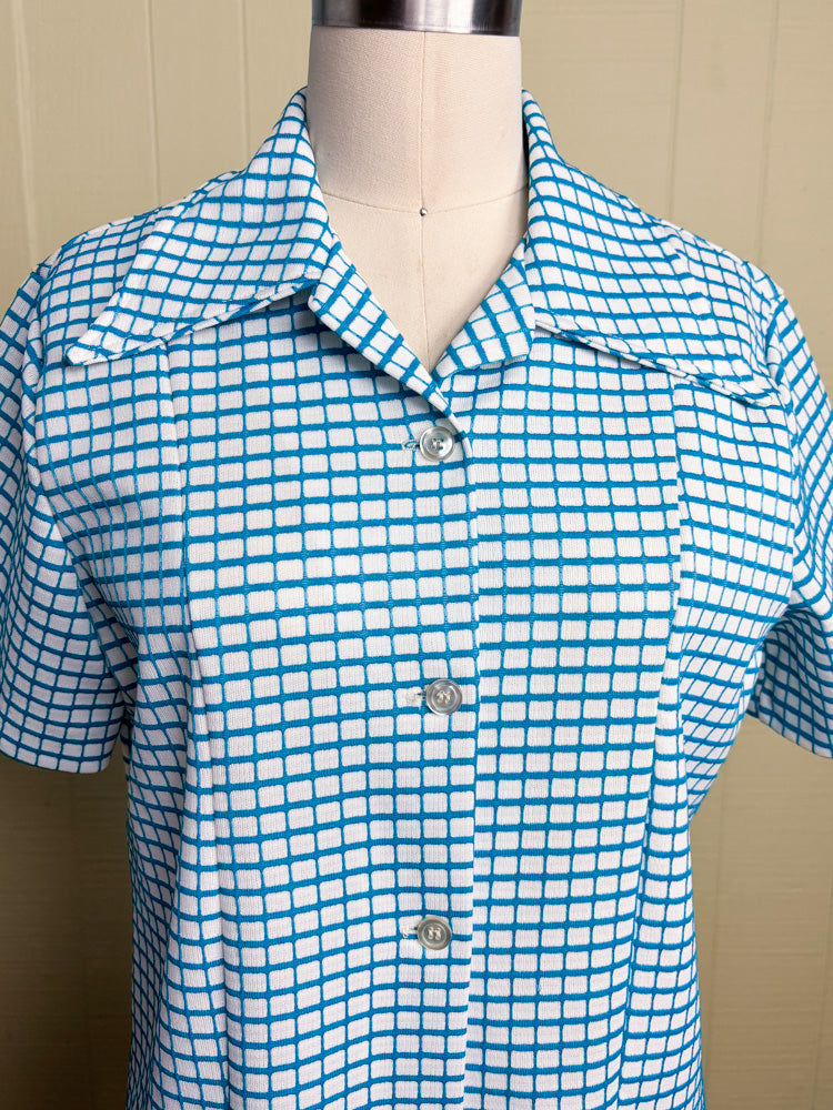 70's Blue & White Windowpane Check Dagger Collar Button Up