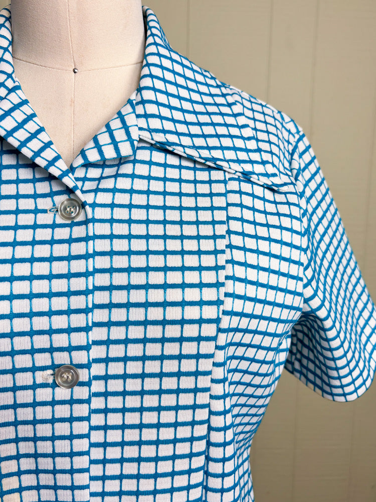 70's Blue & White Windowpane Check Dagger Collar Button Up