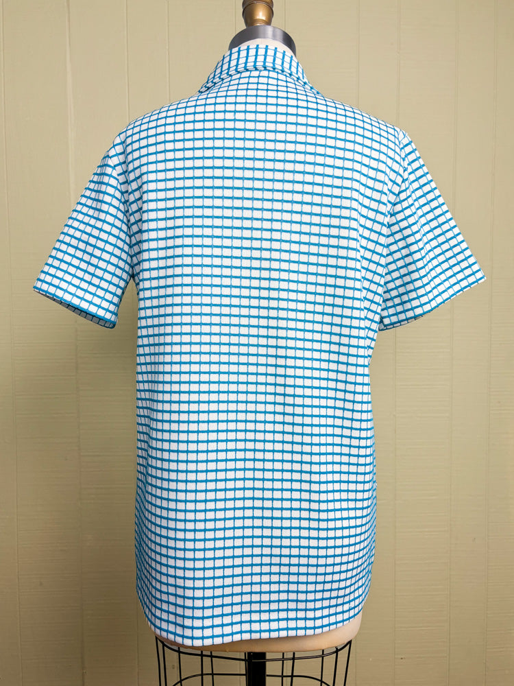 70's Blue & White Windowpane Check Dagger Collar Button Up
