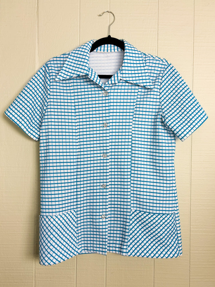 70's Blue & White Windowpane Check Dagger Collar Button Up