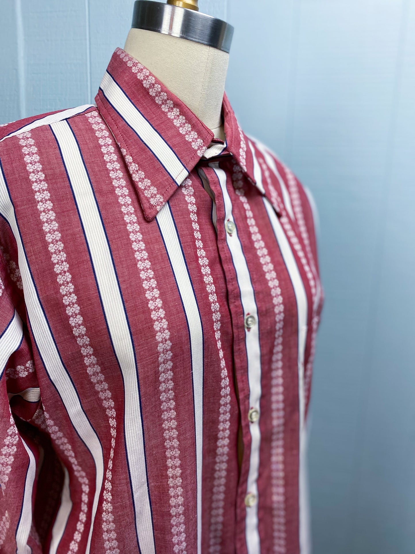 70's Wine & White Vertical Stripe Dagger Collar Button Up Shirt