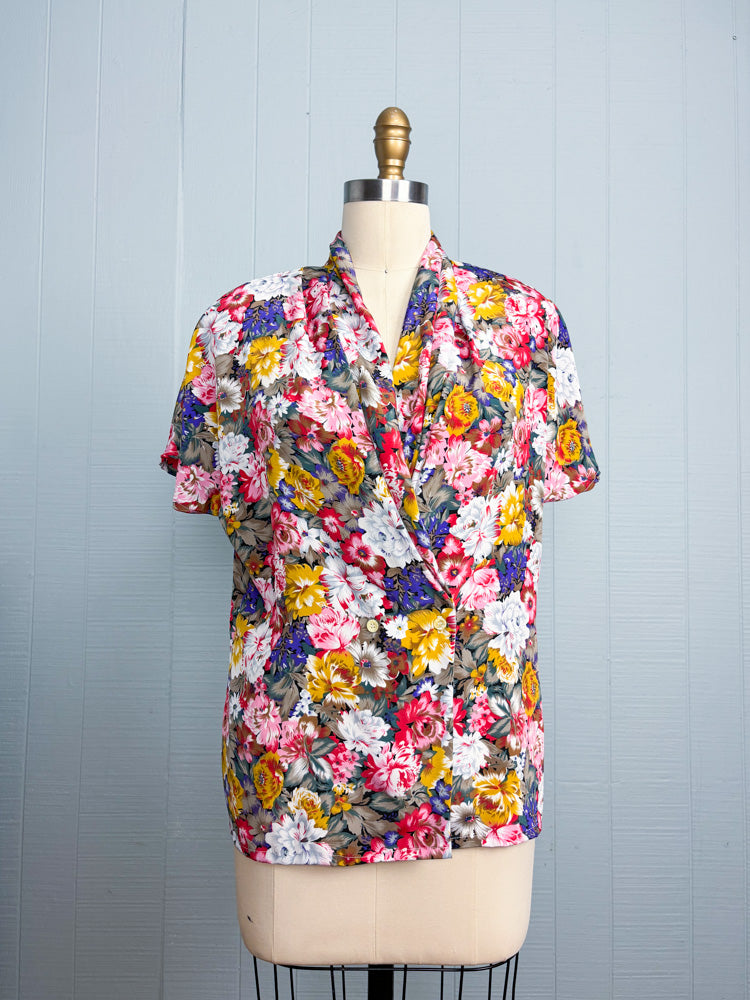 80's 90's Bouquet of Flowers Cowl Neck Blouse