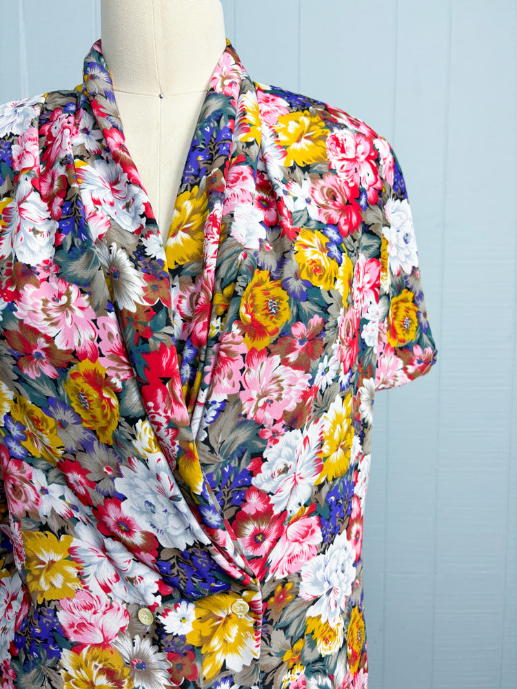 80's 90's Bouquet of Flowers Cowl Neck Blouse