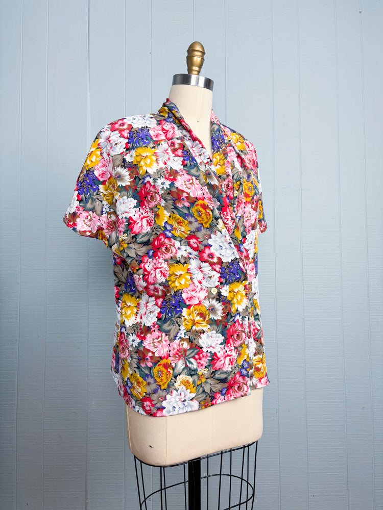 80's 90's Bouquet of Flowers Cowl Neck Blouse