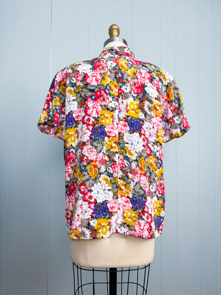 80's 90's Bouquet of Flowers Cowl Neck Blouse