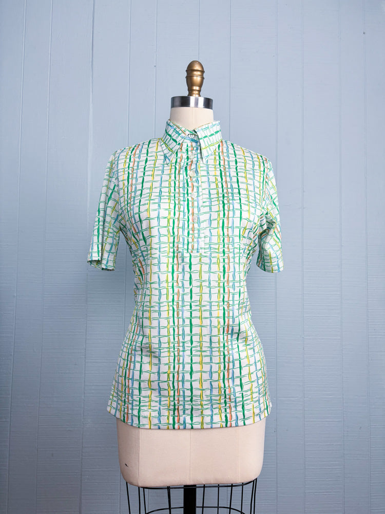 70's Pastel Squiggle Windowpane Plaid Polo Shirt