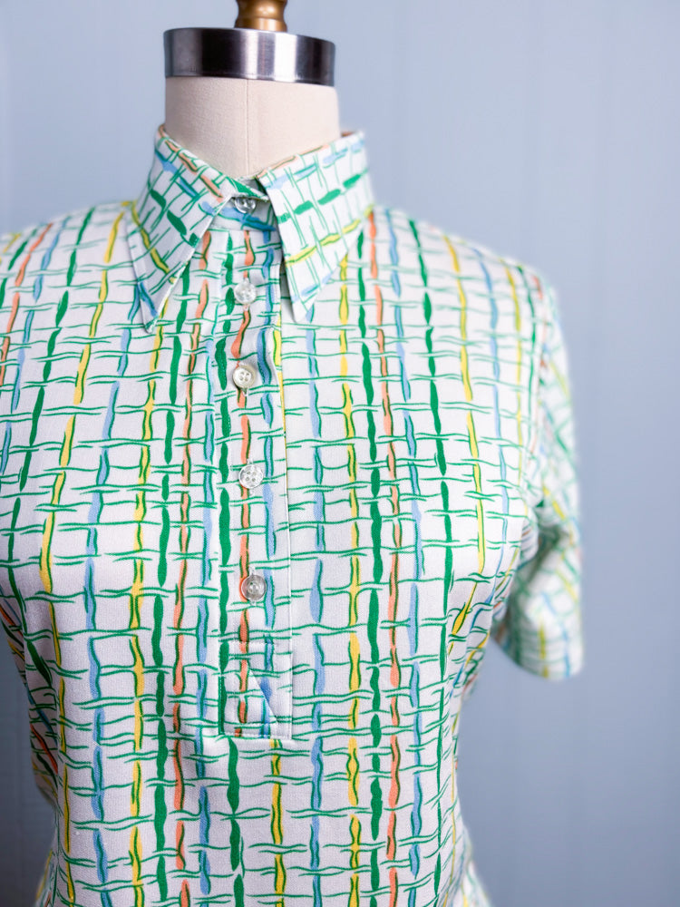 70's Pastel Squiggle Windowpane Plaid Polo Shirt