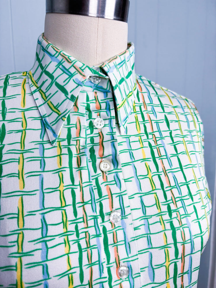 70's Pastel Squiggle Windowpane Plaid Polo Shirt