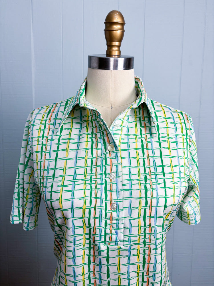 70's Pastel Squiggle Windowpane Plaid Polo Shirt