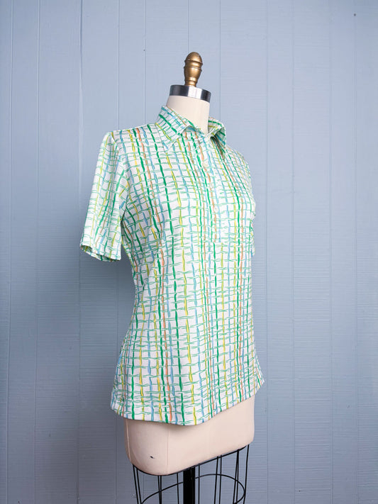 70's Pastel Squiggle Windowpane Plaid Polo Shirt
