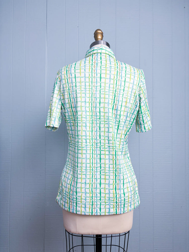 70's Pastel Squiggle Windowpane Plaid Polo Shirt