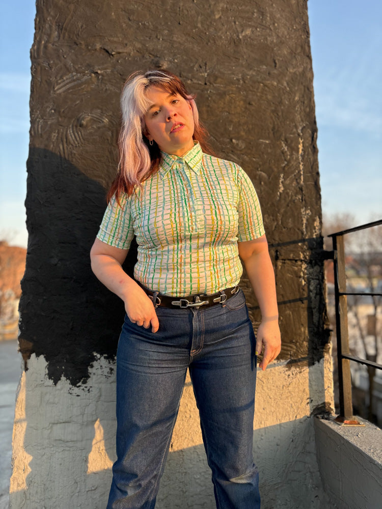 70's Pastel Squiggle Windowpane Plaid Polo Shirt