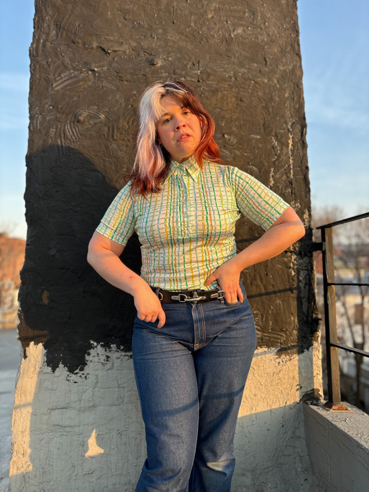 70's Pastel Squiggle Windowpane Plaid Polo Shirt