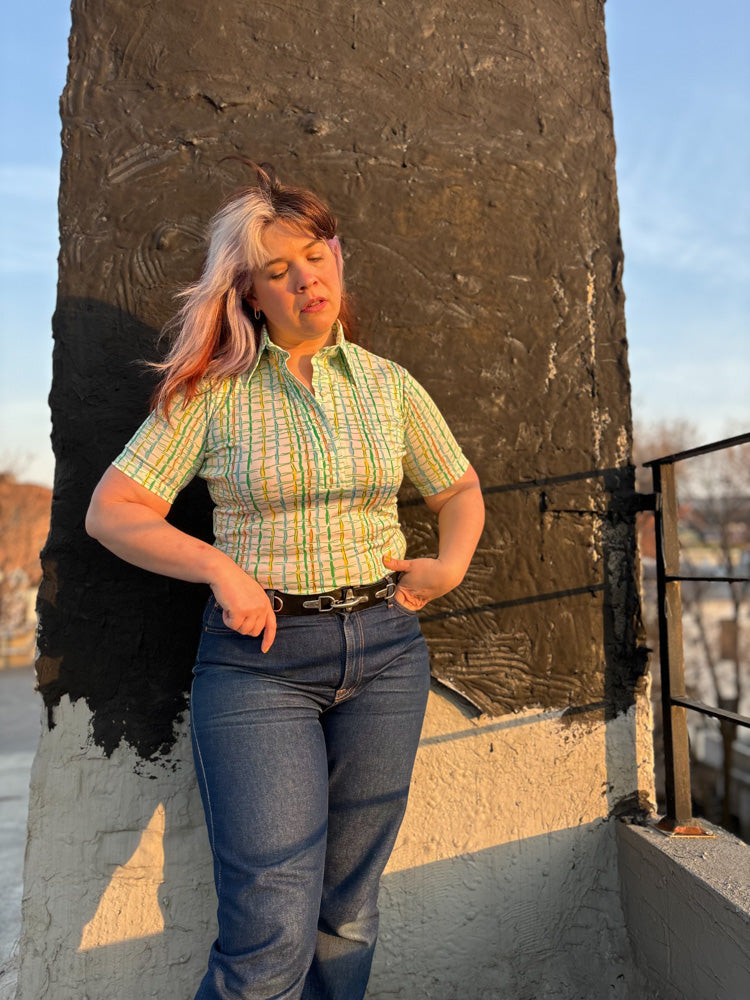 70's Pastel Squiggle Windowpane Plaid Polo Shirt