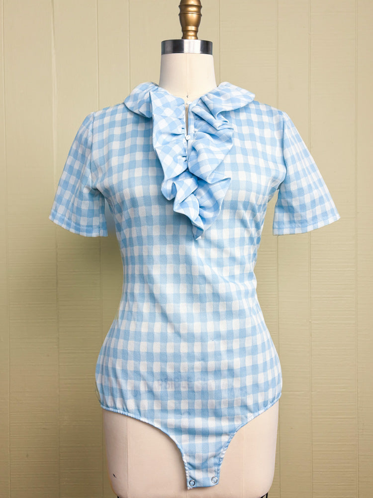 70's Baby Blue Gingham Check Ruffle Dorothy Bodysuit