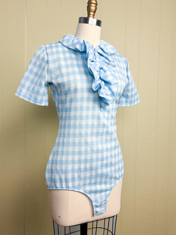 70's Baby Blue Gingham Check Ruffle Dorothy Bodysuit