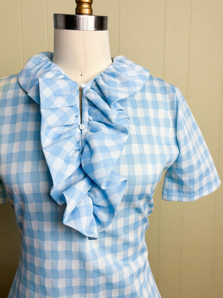 70's Baby Blue Gingham Check Ruffle Dorothy Bodysuit