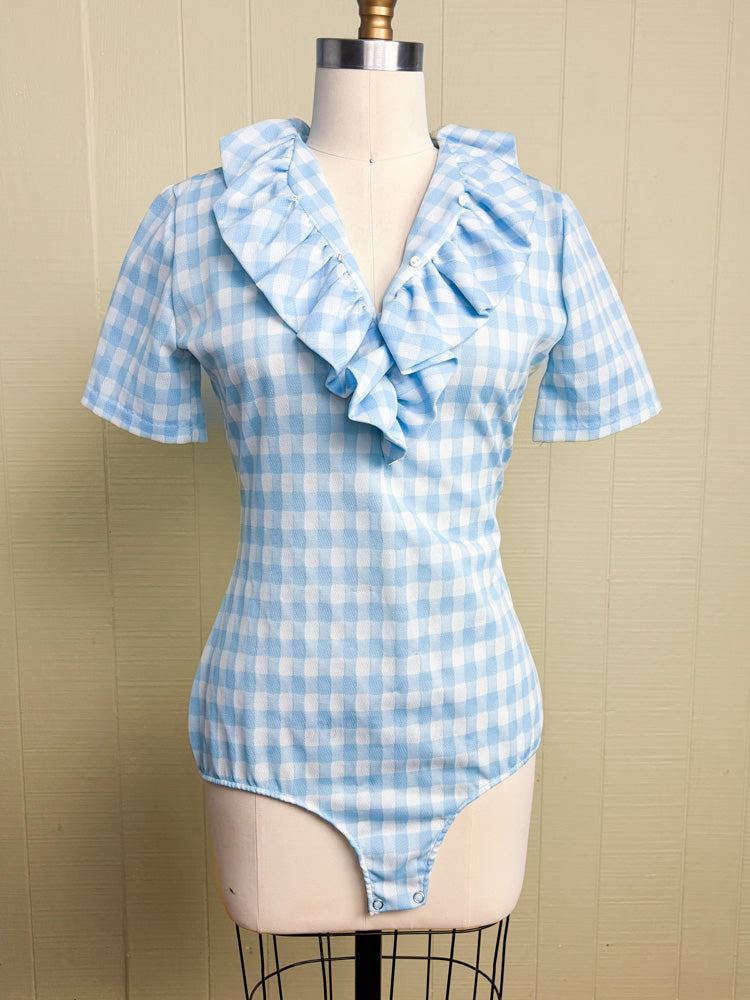 70's Baby Blue Gingham Check Ruffle Dorothy Bodysuit
