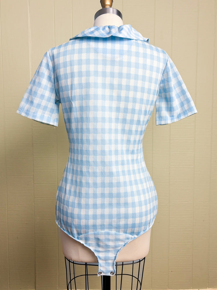 70's Baby Blue Gingham Check Ruffle Dorothy Bodysuit