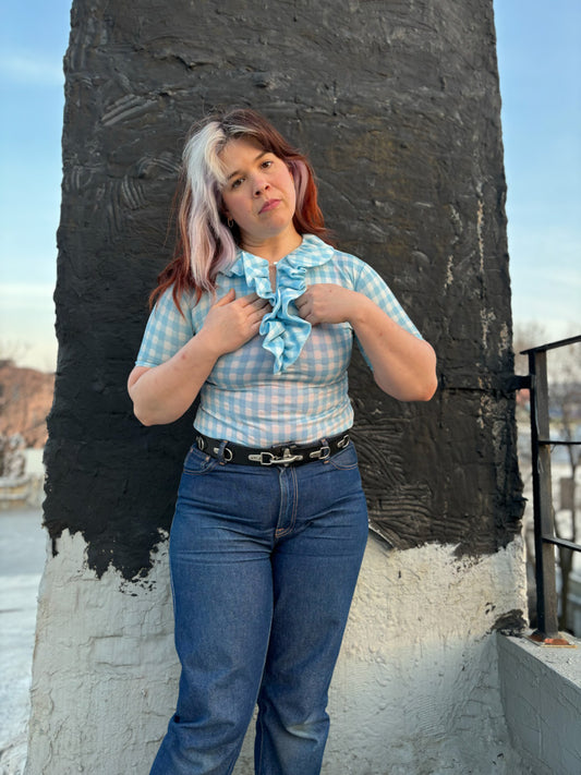 70's Baby Blue Gingham Check Ruffle Dorothy Bodysuit