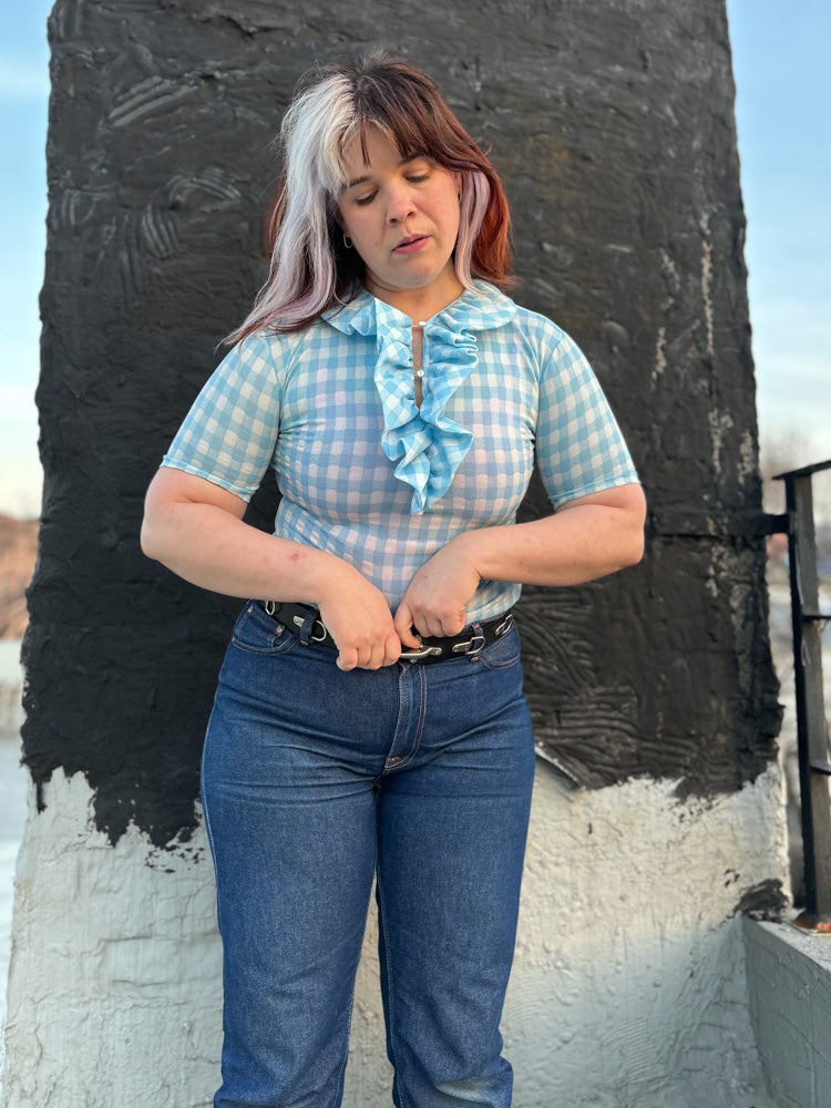 70's Baby Blue Gingham Check Ruffle Dorothy Bodysuit