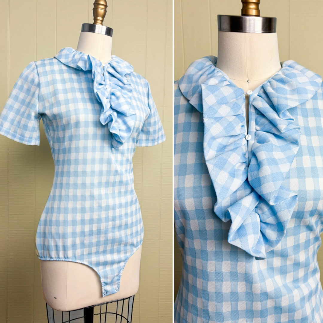 70's Baby Blue Gingham Check Ruffle Dorothy Bodysuit