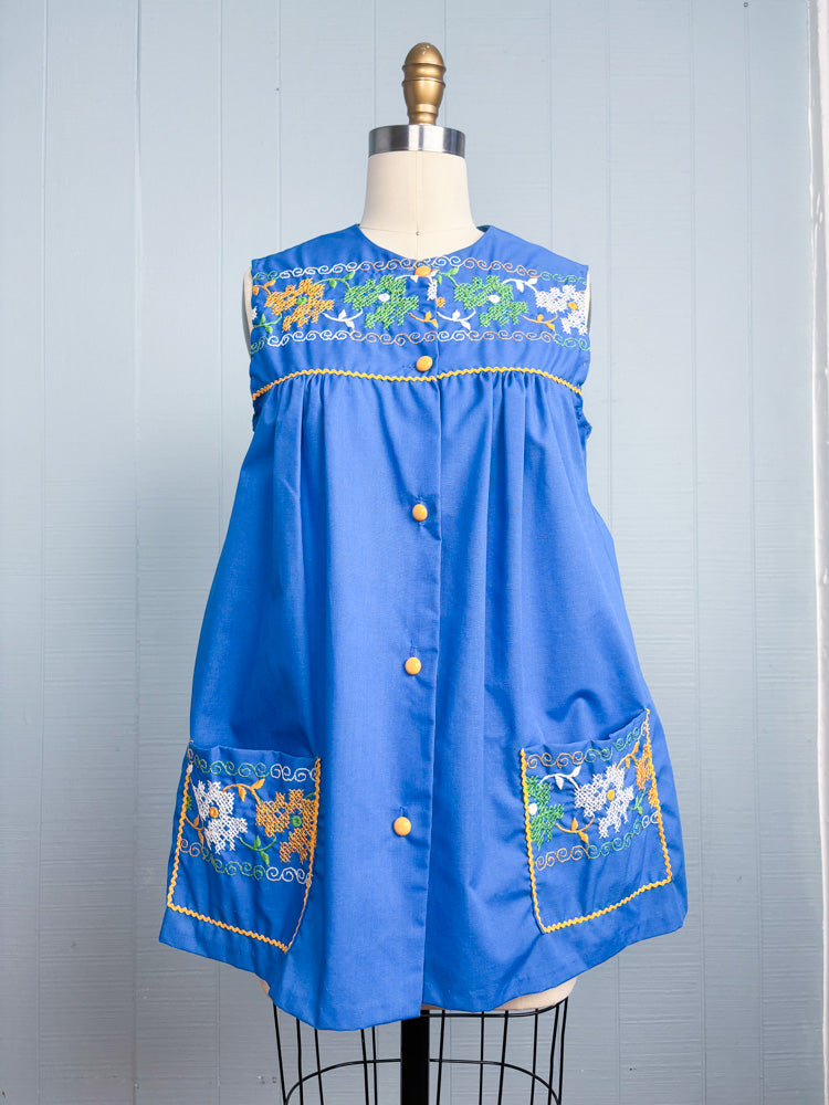 60's 70's Royal Blue Embroidery Ricrac Sleeveless Smock Top