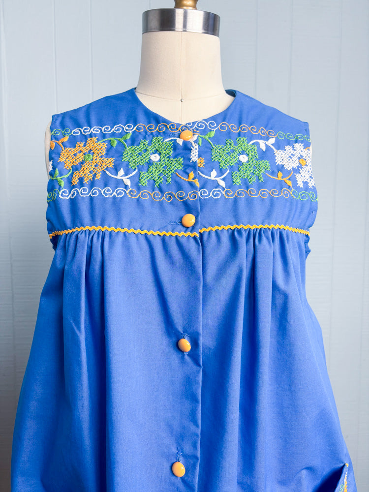 60's 70's Royal Blue Embroidery Ricrac Sleeveless Smock Top