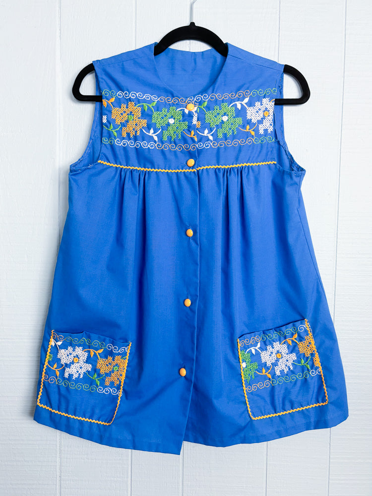 60's 70's Royal Blue Embroidery Ricrac Sleeveless Smock Top