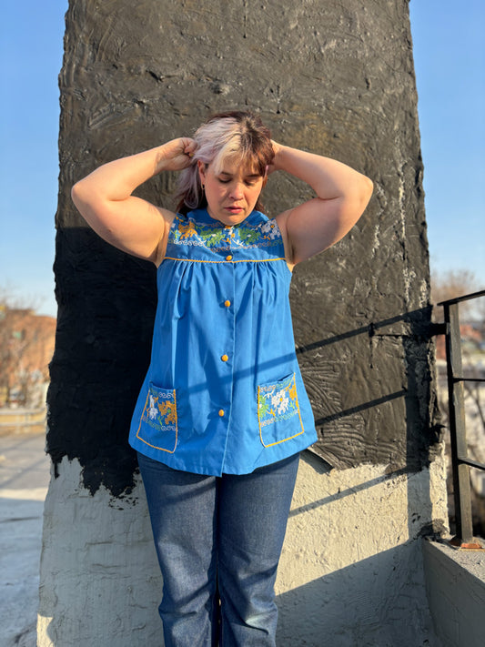 60's 70's Royal Blue Embroidery Ricrac Sleeveless Smock Top