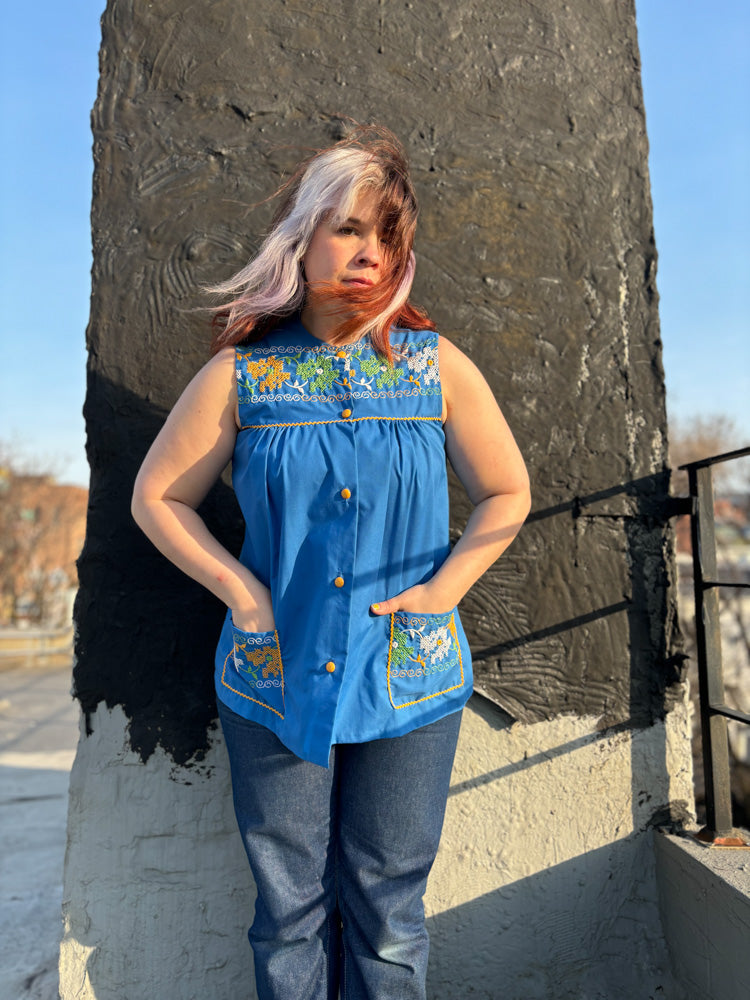 60's 70's Royal Blue Embroidery Ricrac Sleeveless Smock Top